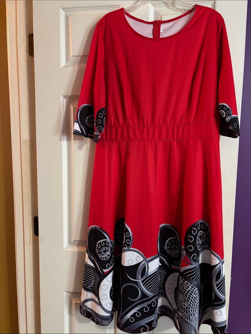 Red Midi Fit-and-Flare Dress with Black & White Swirl Hem